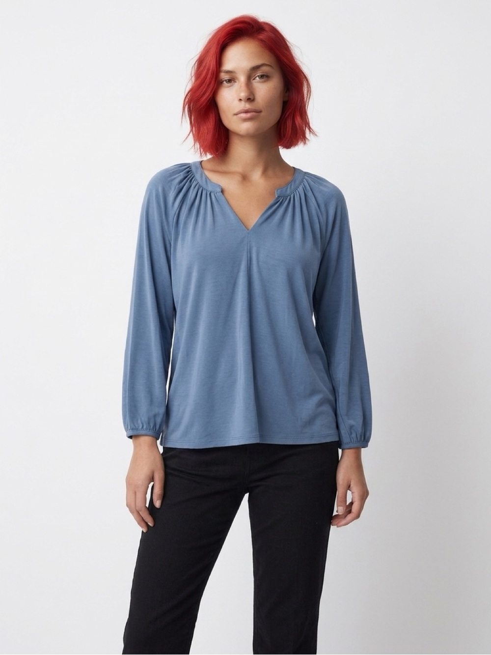 Lucky Brand Split Neck Blouse Medium Slate Blue Soft Modal Blend